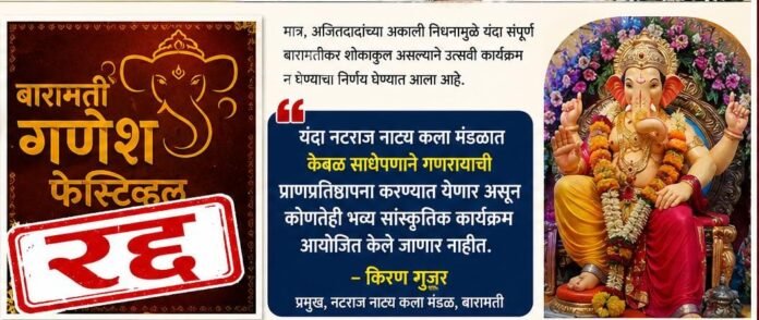 अजितदादांच्या निधनामुळे यंदाचा ‘बारामती गणेश फेस्टिव्हल’ रद्द नटराज नाट्य कला मंडळात केवळ साधेपणाने गणरायाची प्राणप्रतिष्ठापना