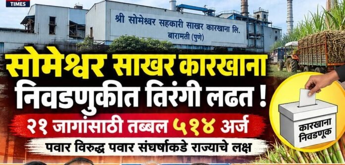 सोमेश्वर साखर कारखाना निवडणुकीत तिरंगी लढत; २१ जागांसाठी ५१४ अर्ज, पवार विरुद्ध पवार संघर्षाकडे राज्याचे लक्ष